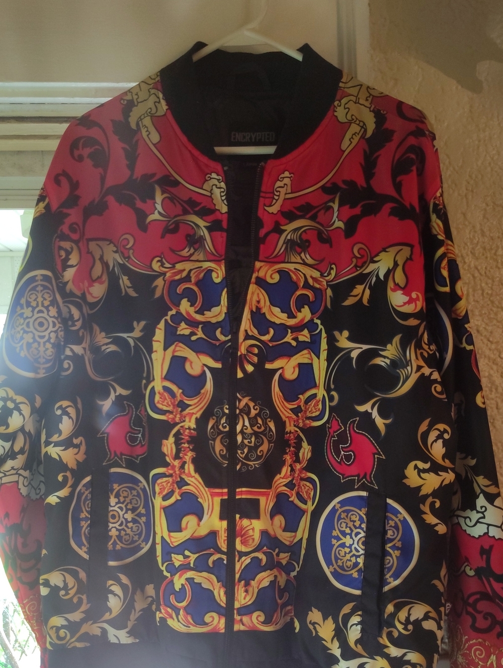 Encrypted Baroque-Print Bomber Jacket in Red, Black & Gold